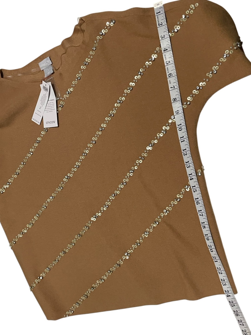 Chico's Beige Diagonal Beaded Embellished Soft Pullover Sweater Top Sz 2/L - Picture 6 of 16
